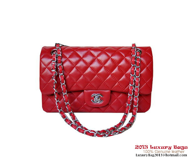 Chanel A01112 Classic Flap Bag Red Sheepskin Silver Chanel A01112 Classic Flap Bag Red Sheepskin Silver