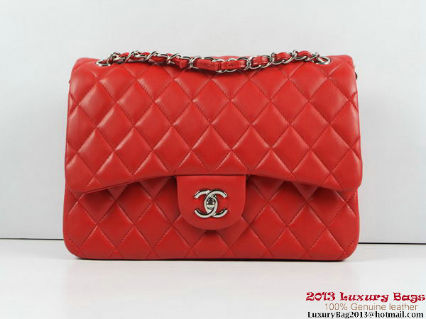 Chanel A01113 Classic Flap Bag Red Original Leather Silver Chanel A01113 Classic Flap Bag Red Original Leather Silver