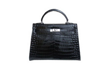 Hermes Kelly 32cm Shoulder Bag Black Croco Patent Leather K32 Silver Hermes Kelly 32cm Shoulder Bag Black Croco Patent Leather K32 Silver