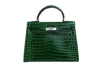 Hermes Kelly 32cm Shoulder Bag Green Croco Patent Leather K32 Silver Hermes Kelly 32cm Shoulder Bag Green Croco Patent Leather K32 Silver