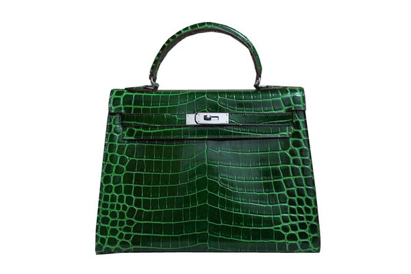 Hermes Kelly 32cm Shoulder Bag Green Croco Patent Leather K32 Silver Hermes Kelly 32cm Shoulder Bag Green Croco Patent Leather K32 Silver