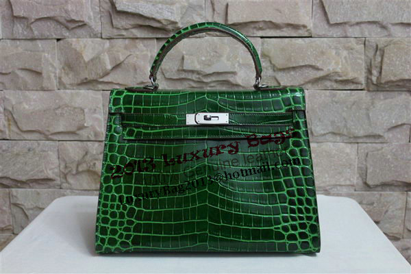 Hermes Kelly 32cm Shoulder Bag Green Croco Patent Leather K32 Silver Hermes Kelly 32cm Shoulder Bag Green Croco Patent Leather K32 Silver