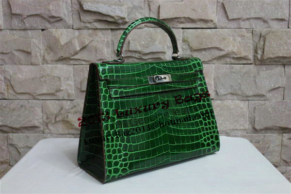 Hermes Kelly 32cm Shoulder Bag Green Croco Patent Leather K32 Silver Hermes Kelly 32cm Shoulder Bag Green Croco Patent Leather K32 Silver