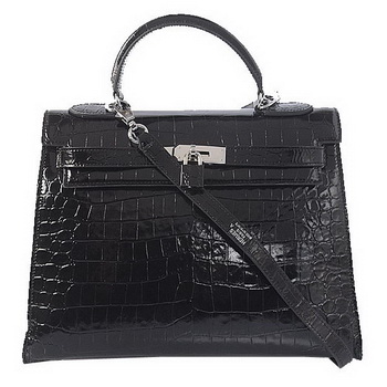 Hermes Kelly 32cm Shoulder Bags Black Iridescent Croco Leather Silver Hermes Kelly 32cm Shoulder Bags Black Iridescent Croco Leather Silver