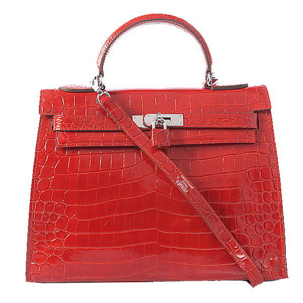 Hermes Kelly 32cm Shoulder Bags Red Iridescent Croco Leather Silver Hermes Kelly 32cm Shoulder Bags Red Iridescent Croco Leather Silver