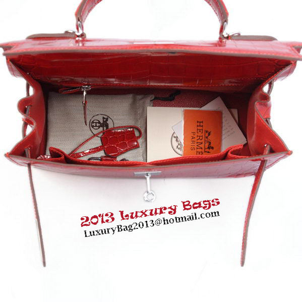 Hermes Kelly 32cm Shoulder Bags Red Iridescent Croco Leather Silver Hermes Kelly 32cm Shoulder Bags Red Iridescent Croco Leather Silver