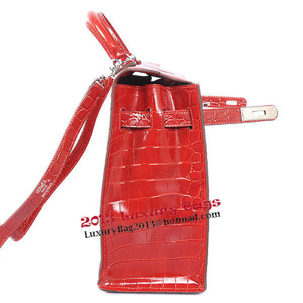 Hermes Kelly 32cm Shoulder Bags Red Iridescent Croco Leather Silver Hermes Kelly 32cm Shoulder Bags Red Iridescent Croco Leather Silver
