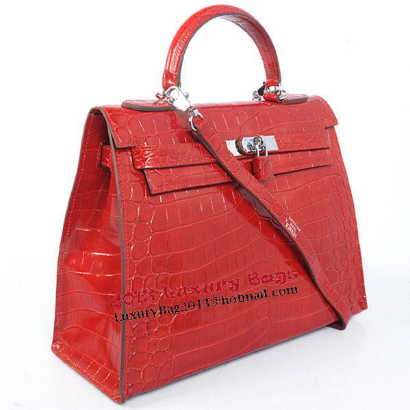 Hermes Kelly 32cm Shoulder Bags Red Iridescent Croco Leather Silver Hermes Kelly 32cm Shoulder Bags Red Iridescent Croco Leather Silver