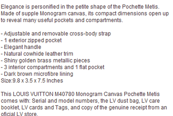 LOUIS VUITTON M40780 Monogram Canvas Pochette Metis LOUIS VUITTON M40780 Monogram Canvas Pochette Metis