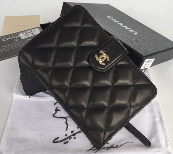 Chanel Matelasse Bi-Fold Wallet Black Sheepskin Leater A48667 Gold Chanel Matelasse Bi-Fold Wallet Black Sheepskin Leater A48667 Gold