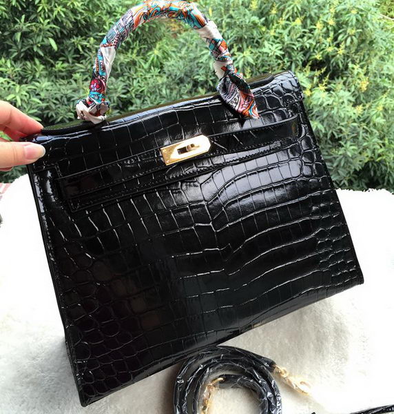 Hermes Kelly 32cm Shoulder Bag Croco Leather K32CO Black Hermes Kelly 32cm Shoulder Bag Croco Leather K32CO Black