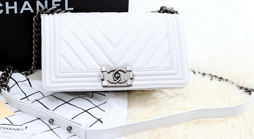Boy Chanel Flap Bag Calfskin Chevron Quilting A67086 White Boy Chanel Flap Bag Calfskin Chevron Quilting A67086 White