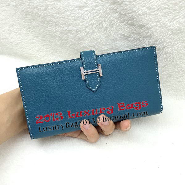 Hermes Bearn Japonaise Bi-Fold Wallet Litchi Leather A208 Blue Hermes Bearn Japonaise Bi-Fold Wallet Litchi Leather A208 Blue
