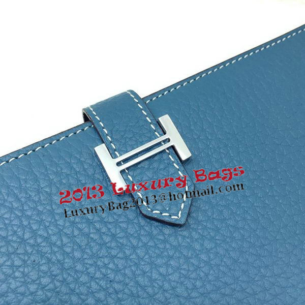 Hermes Bearn Japonaise Bi-Fold Wallet Litchi Leather A208 Blue Hermes Bearn Japonaise Bi-Fold Wallet Litchi Leather A208 Blue
