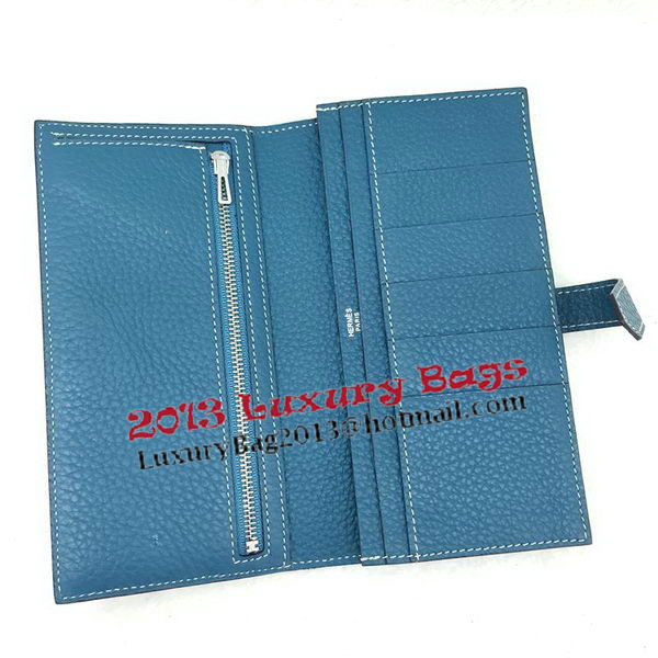 Hermes Bearn Japonaise Bi-Fold Wallet Litchi Leather A208 Blue Hermes Bearn Japonaise Bi-Fold Wallet Litchi Leather A208 Blue