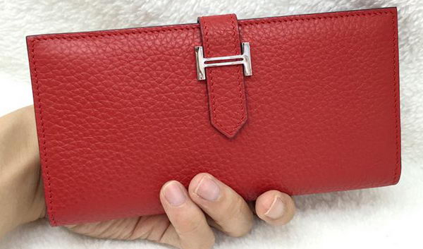 Hermes Bearn Japonaise Bi-Fold Wallet Litchi Leather A208 Red Hermes Bearn Japonaise Bi-Fold Wallet Litchi Leather A208 Red