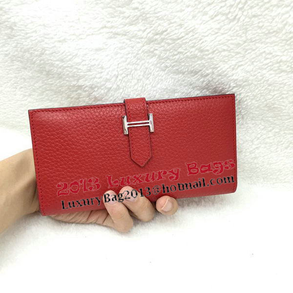 Hermes Bearn Japonaise Bi-Fold Wallet Litchi Leather A208 Red Hermes Bearn Japonaise Bi-Fold Wallet Litchi Leather A208 Red
