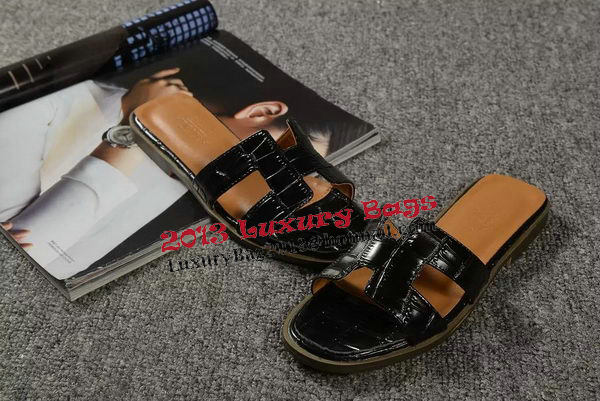 Hermes Slipper Croco Leather HO0451 Black Hermes Slipper Croco Leather HO0451 Black