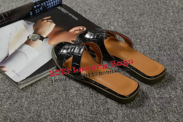 Hermes Slipper Croco Leather HO0451 Black Hermes Slipper Croco Leather HO0451 Black