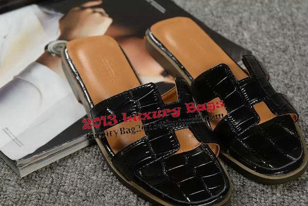 Hermes Slipper Croco Leather HO0451 Black Hermes Slipper Croco Leather HO0451 Black