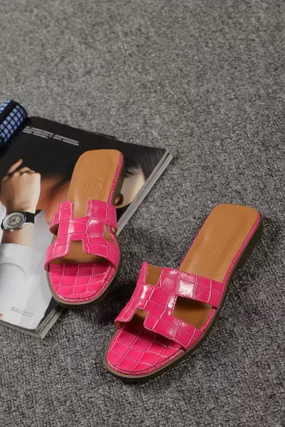 Hermes Slipper Croco Leather HO0451 Rose Hermes Slipper Croco Leather HO0451 Rose