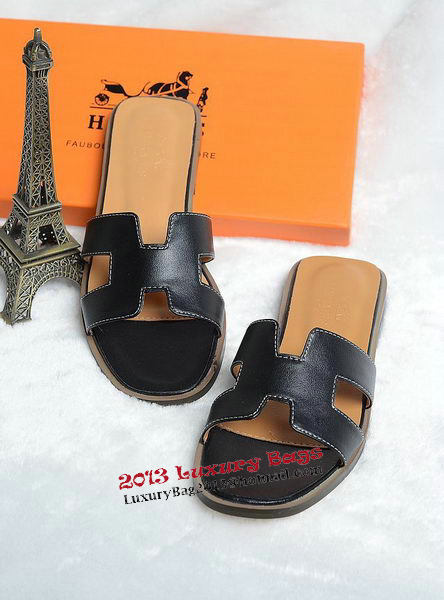 Hermes Slipper Leather HO0418 Black Hermes Slipper Leather HO0418 Black