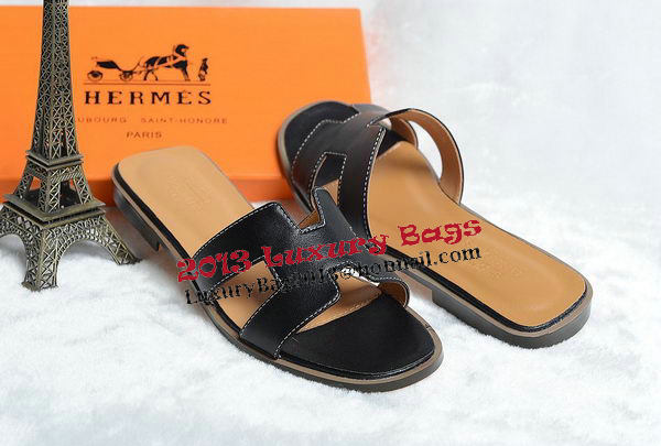 Hermes Slipper Leather HO0418 Black Hermes Slipper Leather HO0418 Black