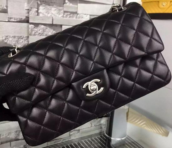 Chanel 2.55 Series Flap Bag Black Sheepskin Leather A06375 Silver Chanel 2.55 Series Flap Bag Black Sheepskin Leather A06375 Silver