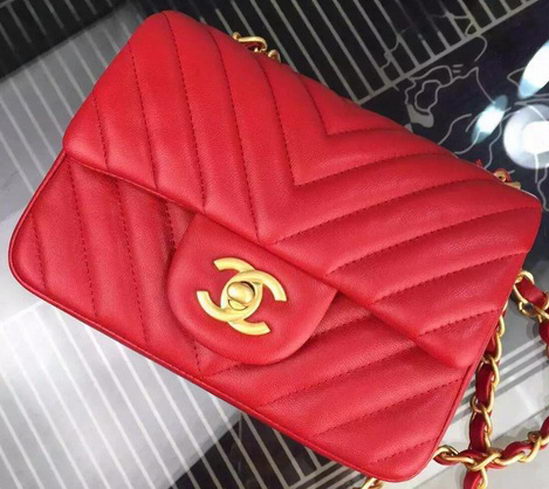 Chanel Classic mini Flap Bag Chevron Sheepskin Leather A68748 Red Chanel Classic mini Flap Bag Chevron Sheepskin Leather A68748 Red