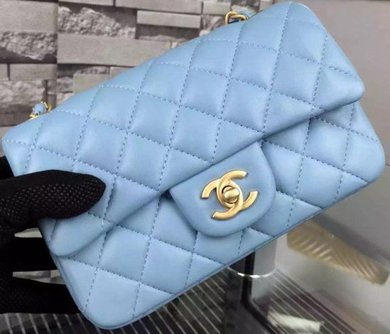 Chanel Classic mini Flap Bag SkyBlue Sheepskin Leather A67350 Gold Chanel Classic mini Flap Bag SkyBlue Sheepskin Leather A67350 Gold
