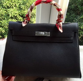 Hermes Kelly 32cm Shoulder Bag Black Calfskin Leather K32CL Silver Hermes Kelly 32cm Shoulder Bag Black Calfskin Leather K32CL Silver