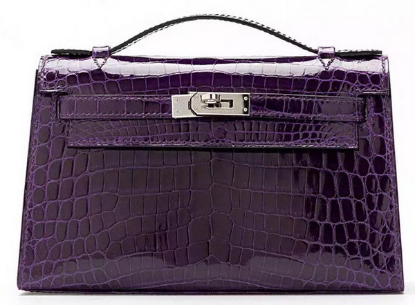 Hermes MINI Kelly 22cm Clutch Croco Leather KL22 Purple Hermes MINI Kelly 22cm Clutch Croco Leather KL22 Purple