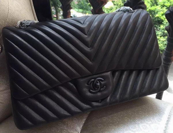 Chanel Classic Flap Bag Black Sheepskin Chevron Quilting A1113 Silver Chanel Classic Flap Bag Black Sheepskin Chevron Quilting A1113 Silver