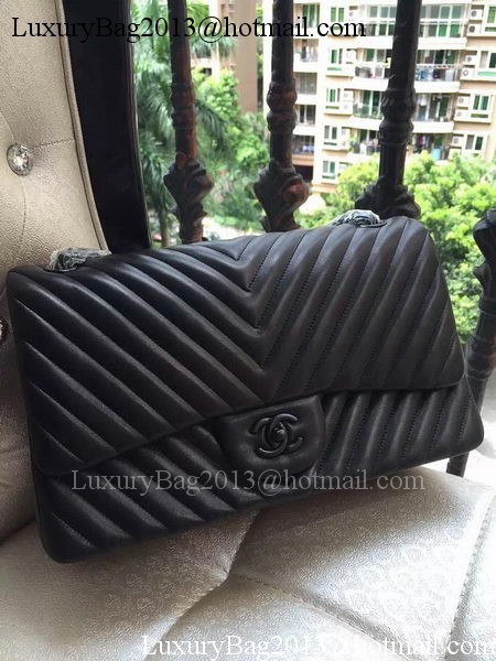 Chanel Classic Flap Bag Black Sheepskin Chevron Quilting A1113 Silver Chanel Classic Flap Bag Black Sheepskin Chevron Quilting A1113 Silver