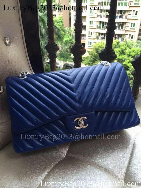 Chanel Classic Flap Bag Blue Sheepskin Chevron Quilting A1113 Silver Chanel Classic Flap Bag Blue Sheepskin Chevron Quilting A1113 Silver