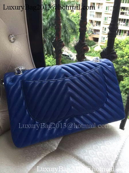 Chanel Classic Flap Bag Blue Sheepskin Chevron Quilting A1113 Silver Chanel Classic Flap Bag Blue Sheepskin Chevron Quilting A1113 Silver