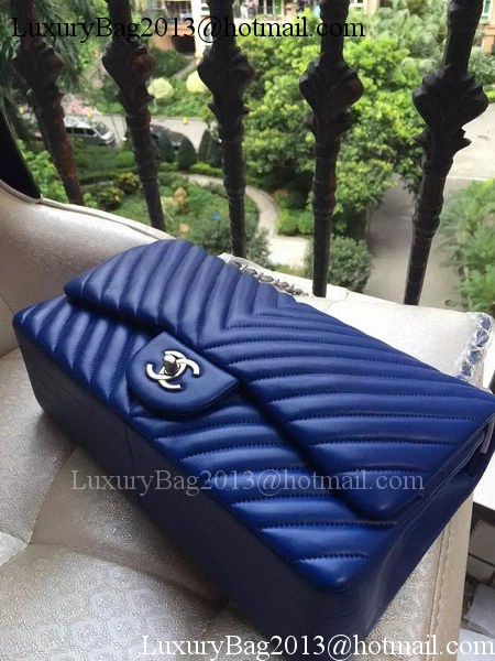 Chanel Classic Flap Bag Blue Sheepskin Chevron Quilting A1113 Silver Chanel Classic Flap Bag Blue Sheepskin Chevron Quilting A1113 Silver