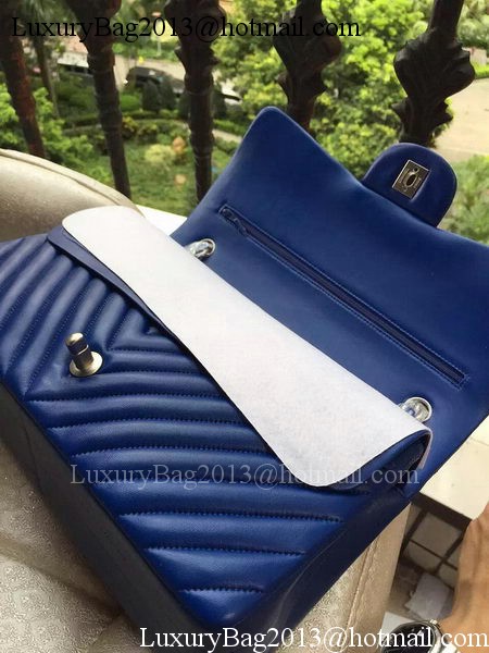 Chanel Classic Flap Bag Blue Sheepskin Chevron Quilting A1113 Silver Chanel Classic Flap Bag Blue Sheepskin Chevron Quilting A1113 Silver