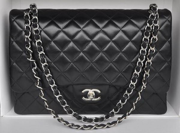 Chanel Maxi Classic Bag A36098 Black Sheepskin Silver Chanel Maxi Classic Bag A36098 Black Sheepskin Silver