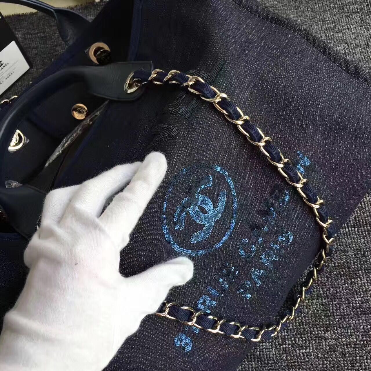 Chanel Canvas Leather Tote Shopping Bag Dark Blue A1679 Chanel Canvas Leather Tote Shopping Bag Dark Blue A1679