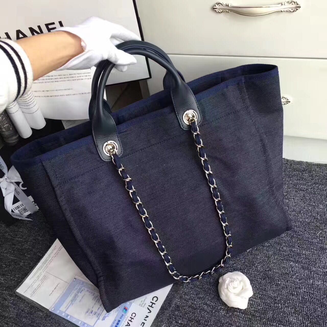 Chanel Canvas Leather Tote Shopping Bag Dark Blue A1679 Chanel Canvas Leather Tote Shopping Bag Dark Blue A1679