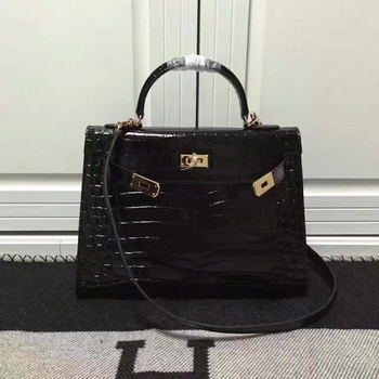 Hermes Kelly 28cm Shoulder Bag Croco Leather K28 Black Hermes Kelly 28cm Shoulder Bag Croco Leather K28 Black
