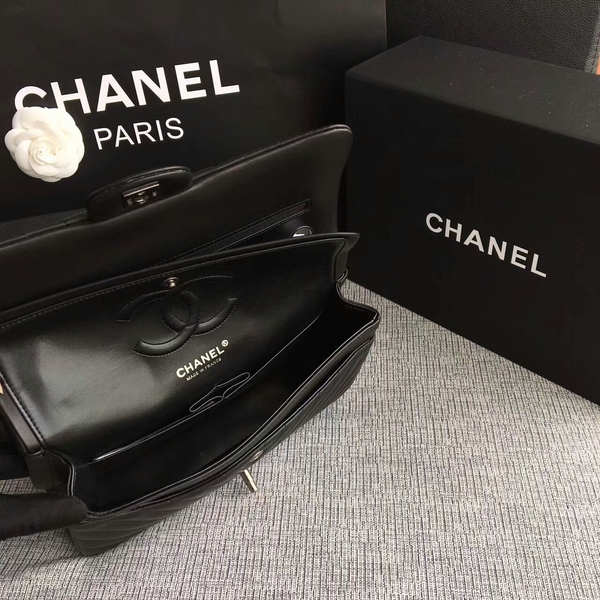Chanel Flap Shoulder Bags Black Original Sheepskin CF1112 Silver Chanel Flap Shoulder Bags Black Original Sheepskin CF1112 Silver