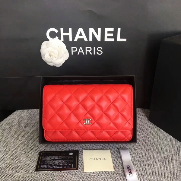 Chanel WOC Flap Bag Red Original Sheepskin Leather 33814 Silver Chanel WOC Flap Bag Red Original Sheepskin Leather 33814 Silver