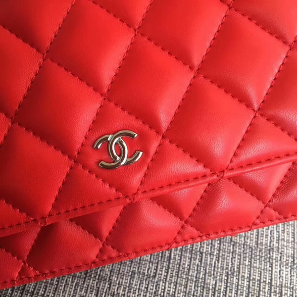 Chanel WOC Flap Bag Red Original Sheepskin Leather 33814 Silver Chanel WOC Flap Bag Red Original Sheepskin Leather 33814 Silver