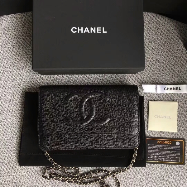 Chanel WOC Original Calfskin Leather Black Shoulder Bag 33814 Silver Chanel WOC Original Calfskin Leather Black Shoulder Bag 33814 Silver