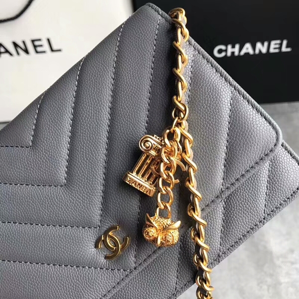 Chanel Owl Pendant Flap Shoulder Bag Calfskin Leather A33814 Grey Chanel Owl Pendant Flap Shoulder Bag Calfskin Leather A33814 Grey