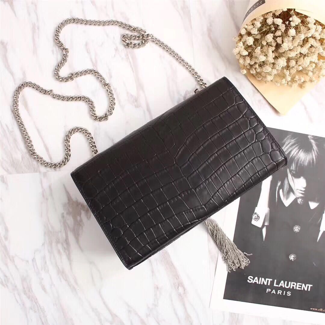 Yves Saint Laurent Croco Leather Cross-body Shoulder Bag 131224 Black Yves Saint Laurent Croco Leather Cross-body Shoulder Bag 131224 Black