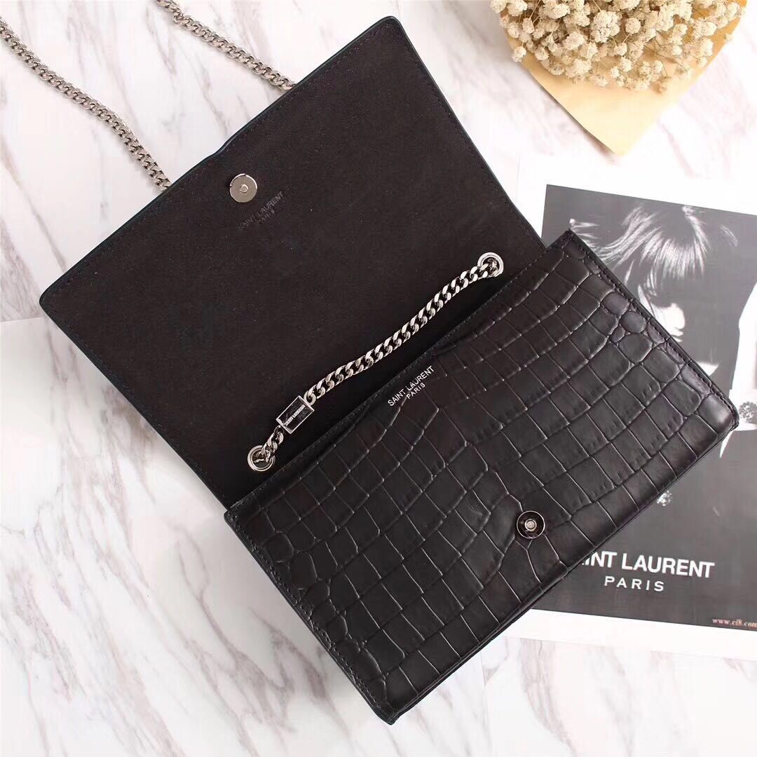 Yves Saint Laurent Croco Leather Cross-body Shoulder Bag 131224 Black Yves Saint Laurent Croco Leather Cross-body Shoulder Bag 131224 Black