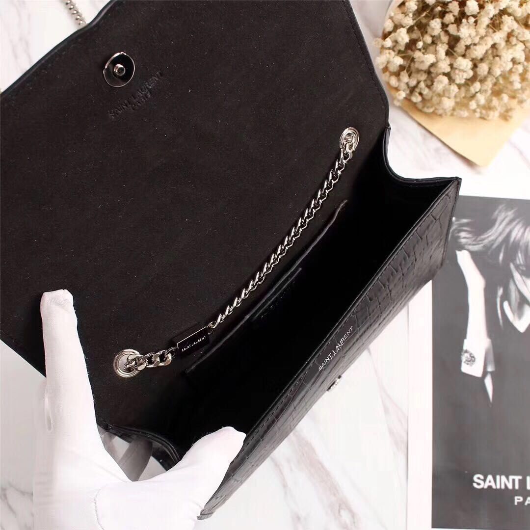 Yves Saint Laurent Croco Leather Cross-body Shoulder Bag 131224 Black Yves Saint Laurent Croco Leather Cross-body Shoulder Bag 131224 Black